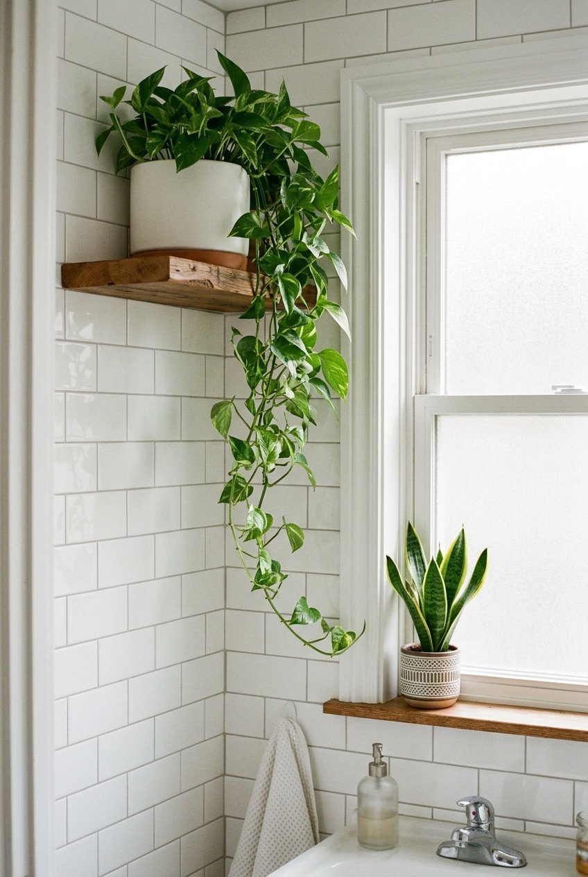 Trailing pothos plant on a shelf in a small bright bathroom