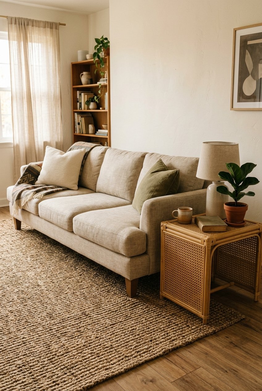 Jute natural fiber rug in a living room with a linen sofa