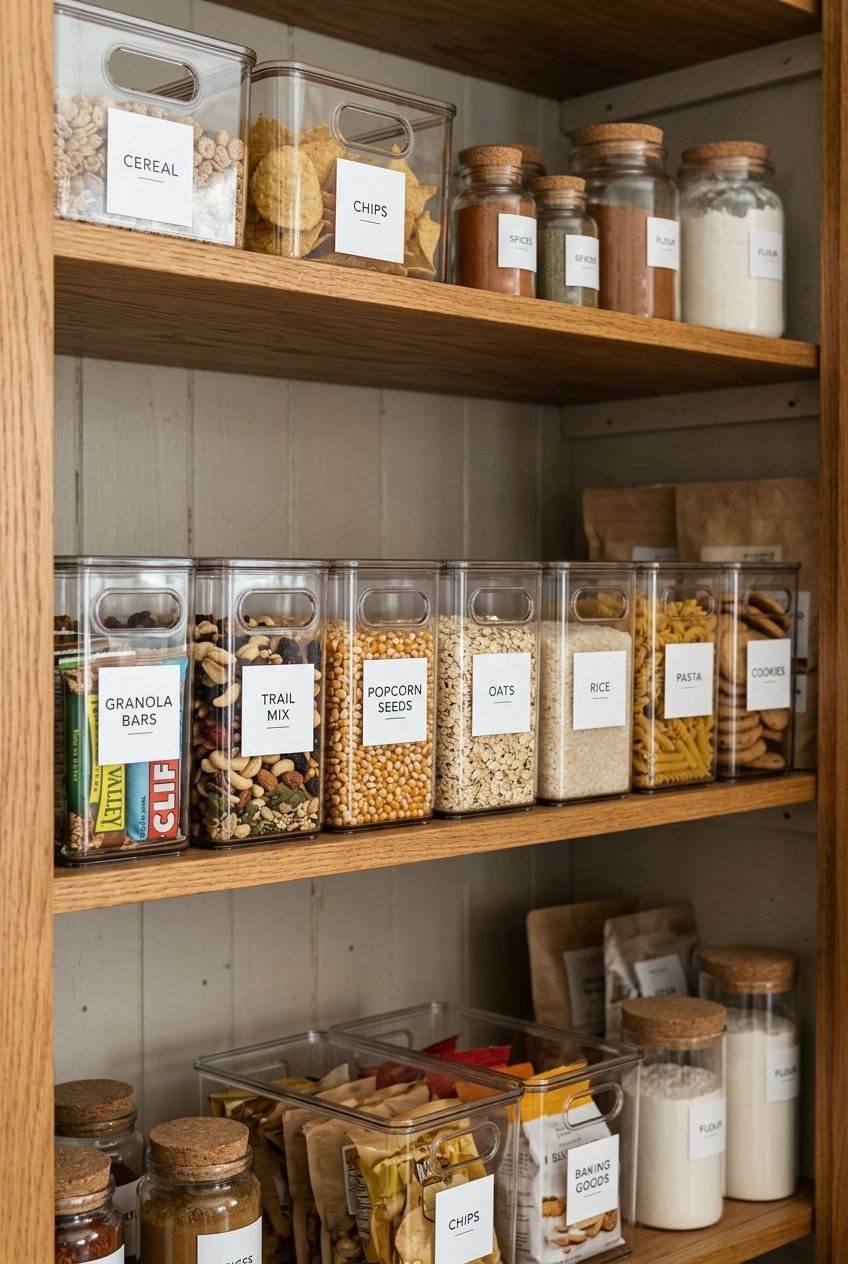 Clear labeled bins organizing pantry items in a kitchen cabinet