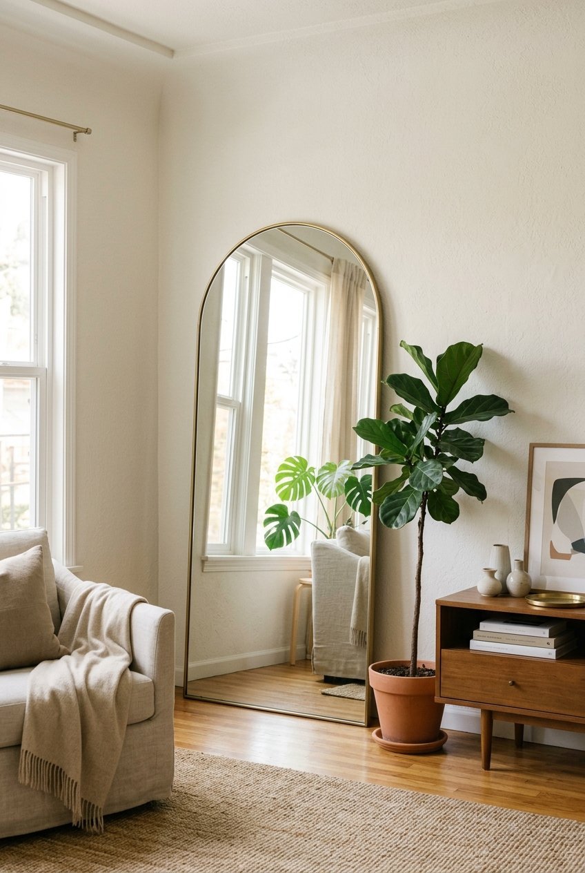 Large arched floor mirror leaning against a living room wall reflecting window light