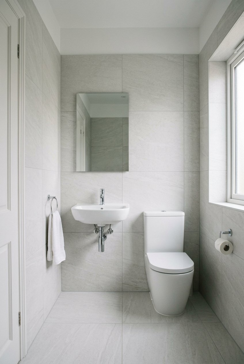 Large format light tile with thin grout lines in a small bathroom