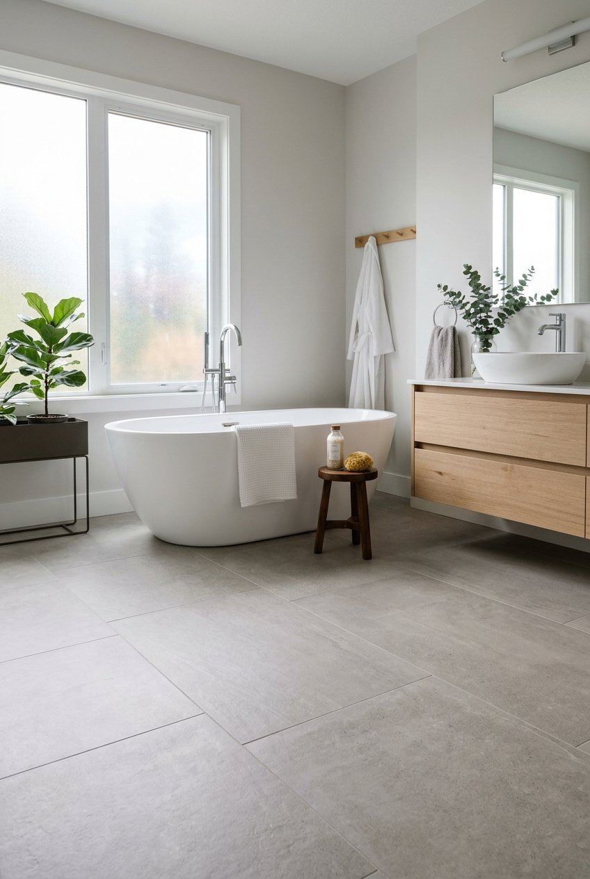 Large format porcelain bathroom floor tile with thin grout lines