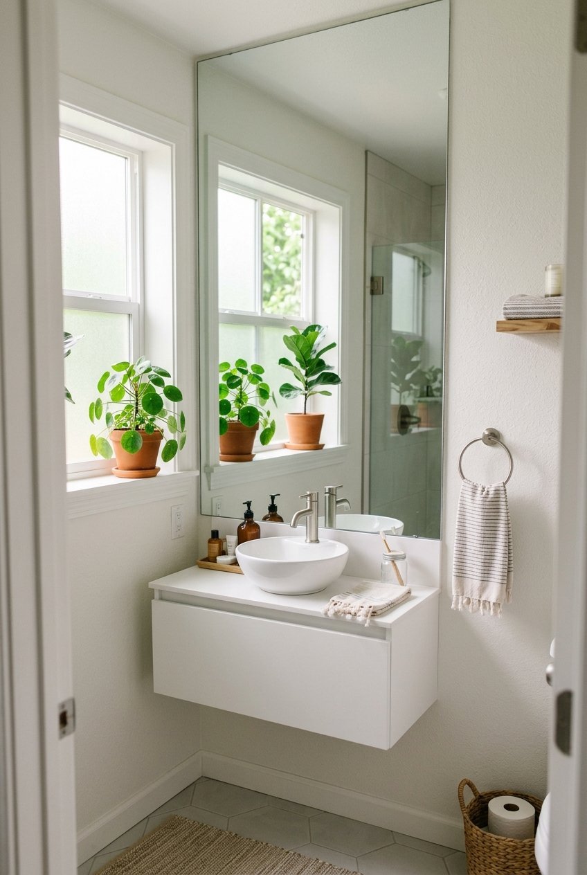 Large mirror reflecting light in a small bathroom above a narrow vanity