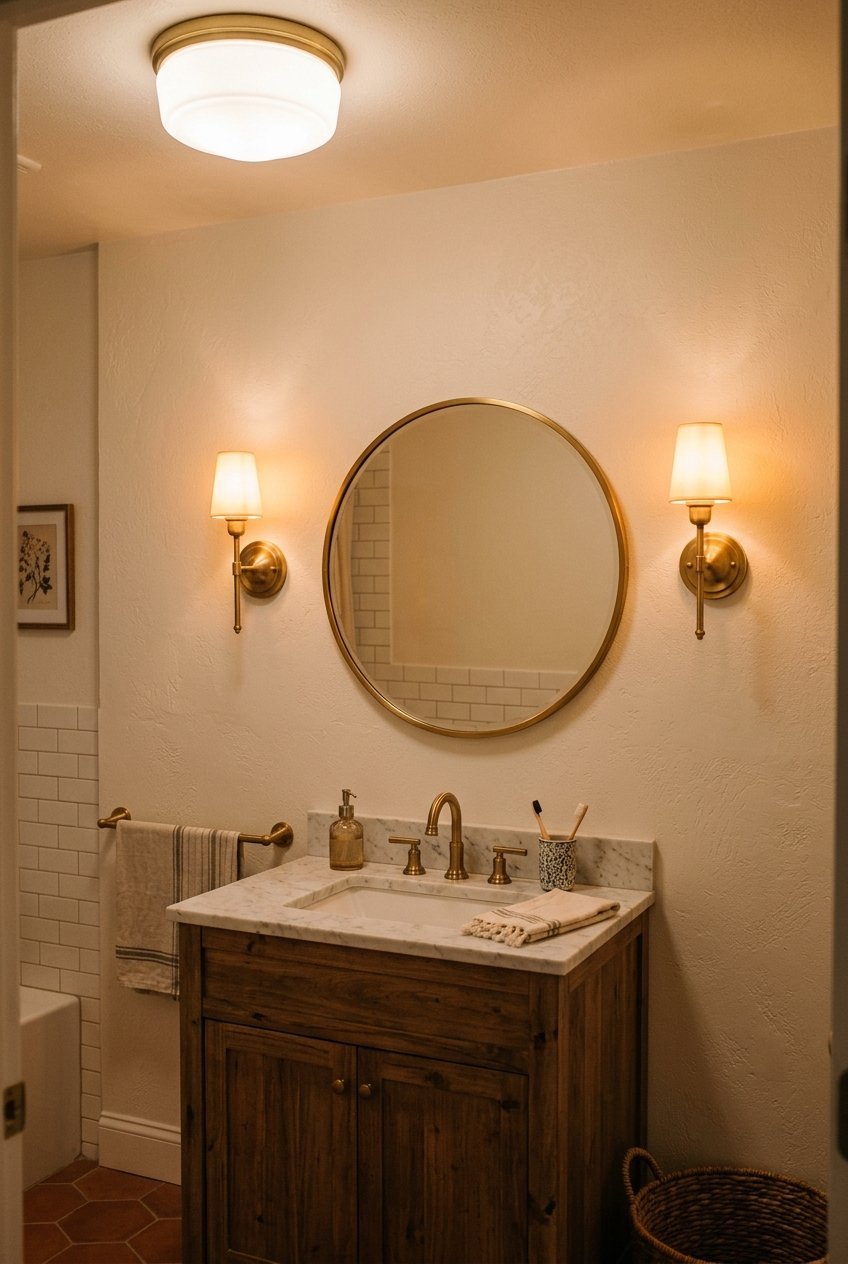 Wall sconces beside a mirror and a ceiling light brightening a small bathroom