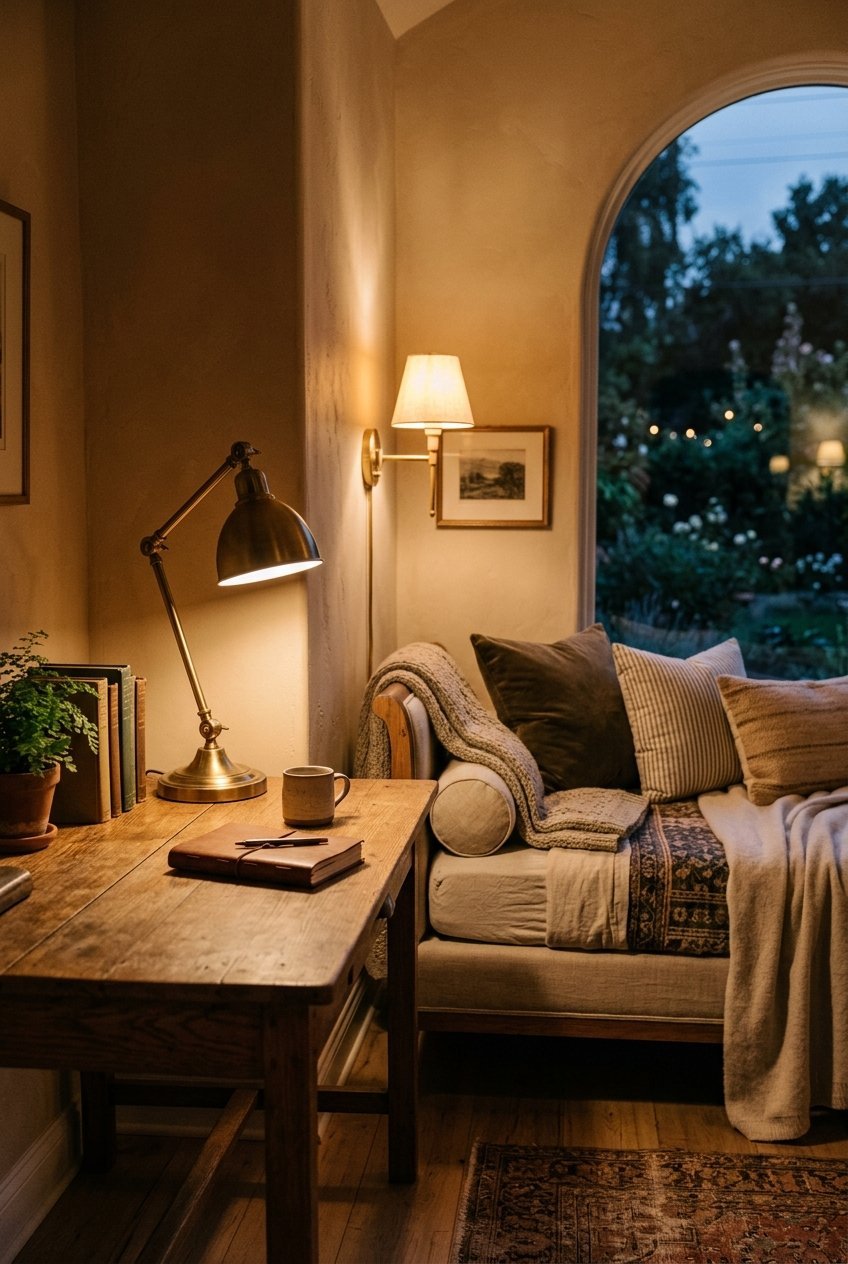 Desk lamp and bedside sconce providing layered lighting in a home office guest room