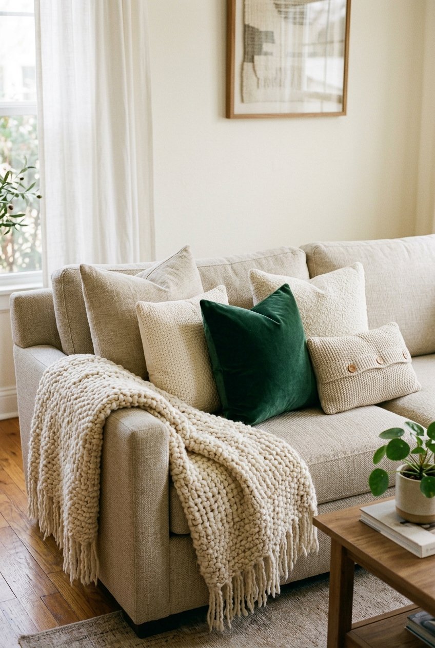 Layered neutral pillows and a chunky knit throw on a living room sofa