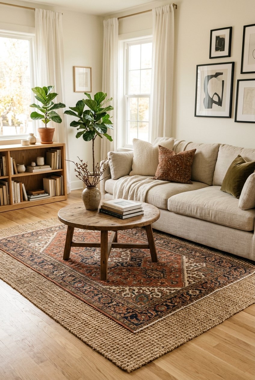 Layered rugs with a smaller patterned rug on top of a large jute rug
