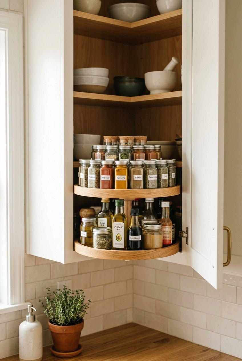Lazy susan organizing a corner kitchen cabinet