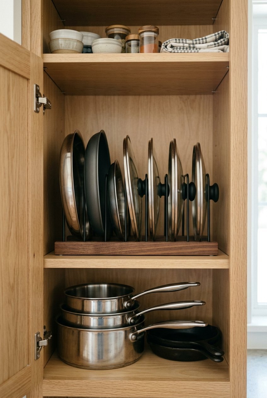 Lid rack organizing pot lids in a kitchen cabinet