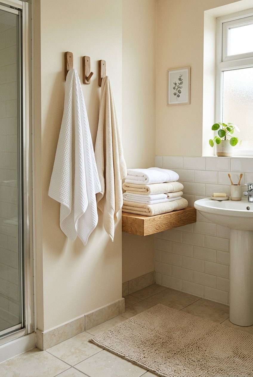 Folded cream and white towels on a wall hook in a small bathroom