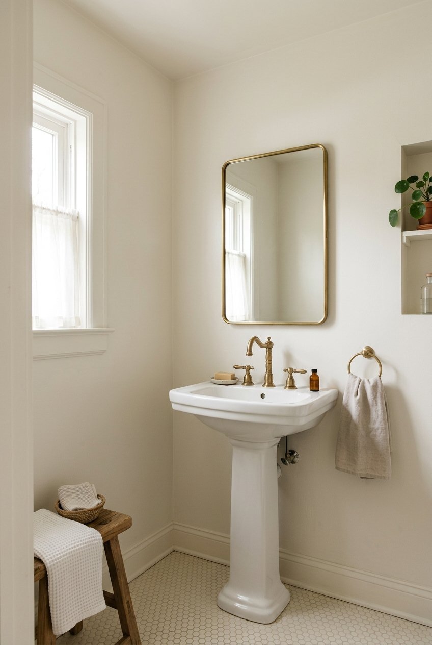 Small bathroom with walls, ceiling, and trim painted in the same light warm white