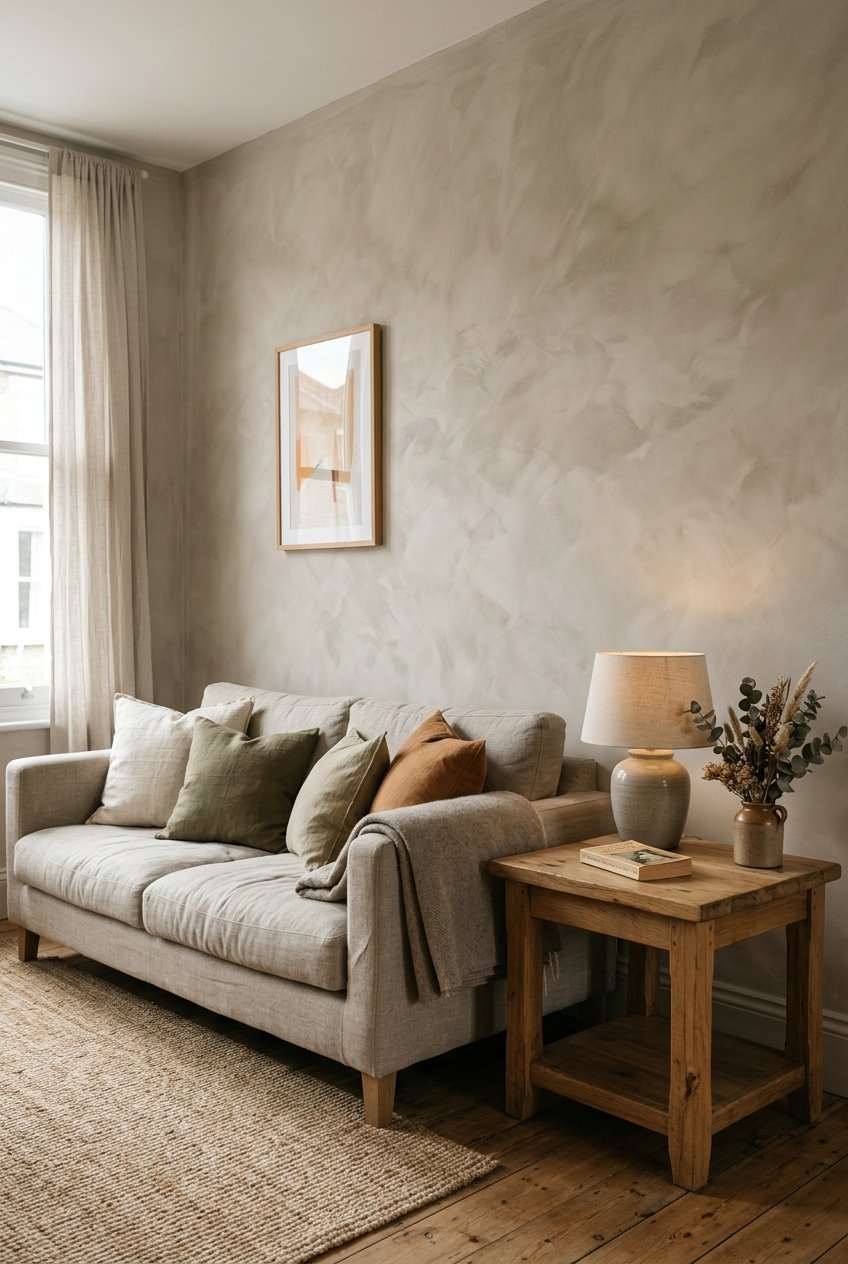 Warm limewash painted wall adding depth to a modern living room