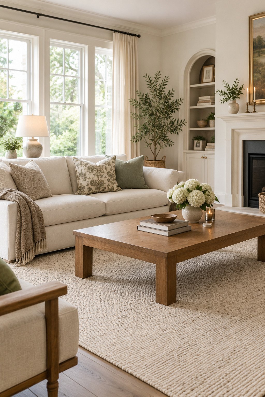 Living room rugs styled under a cream sofa with a large neutral wool rug anchoring the seating area