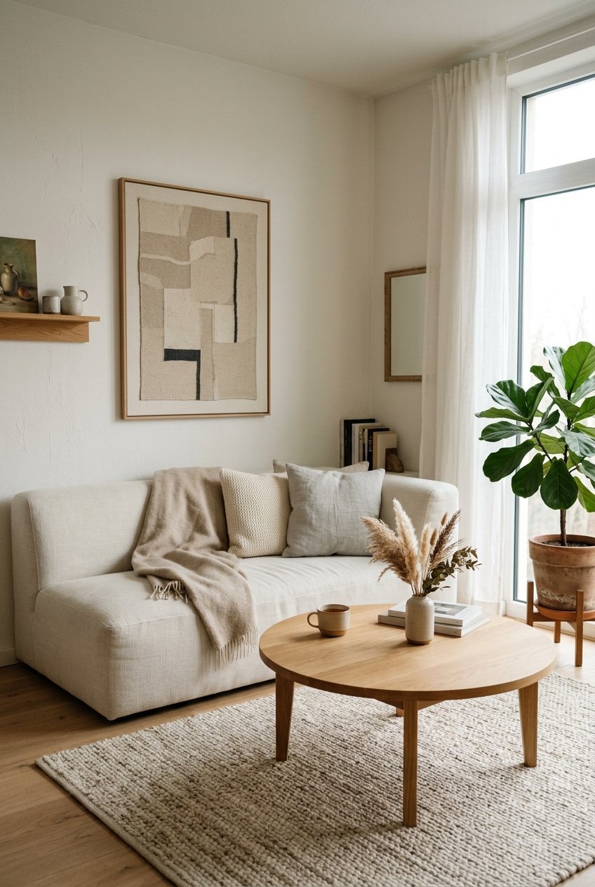Low profile minimalist sofa and coffee table in a living room