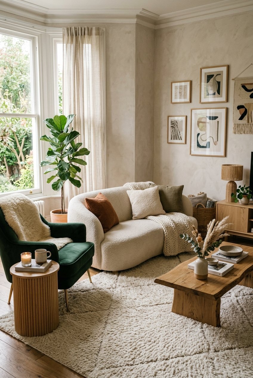 Curved boucle sofa and velvet accent chair in a luxury living room