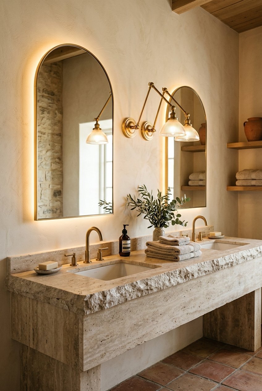 Luxury bathroom vanity with natural stone and integrated lighting