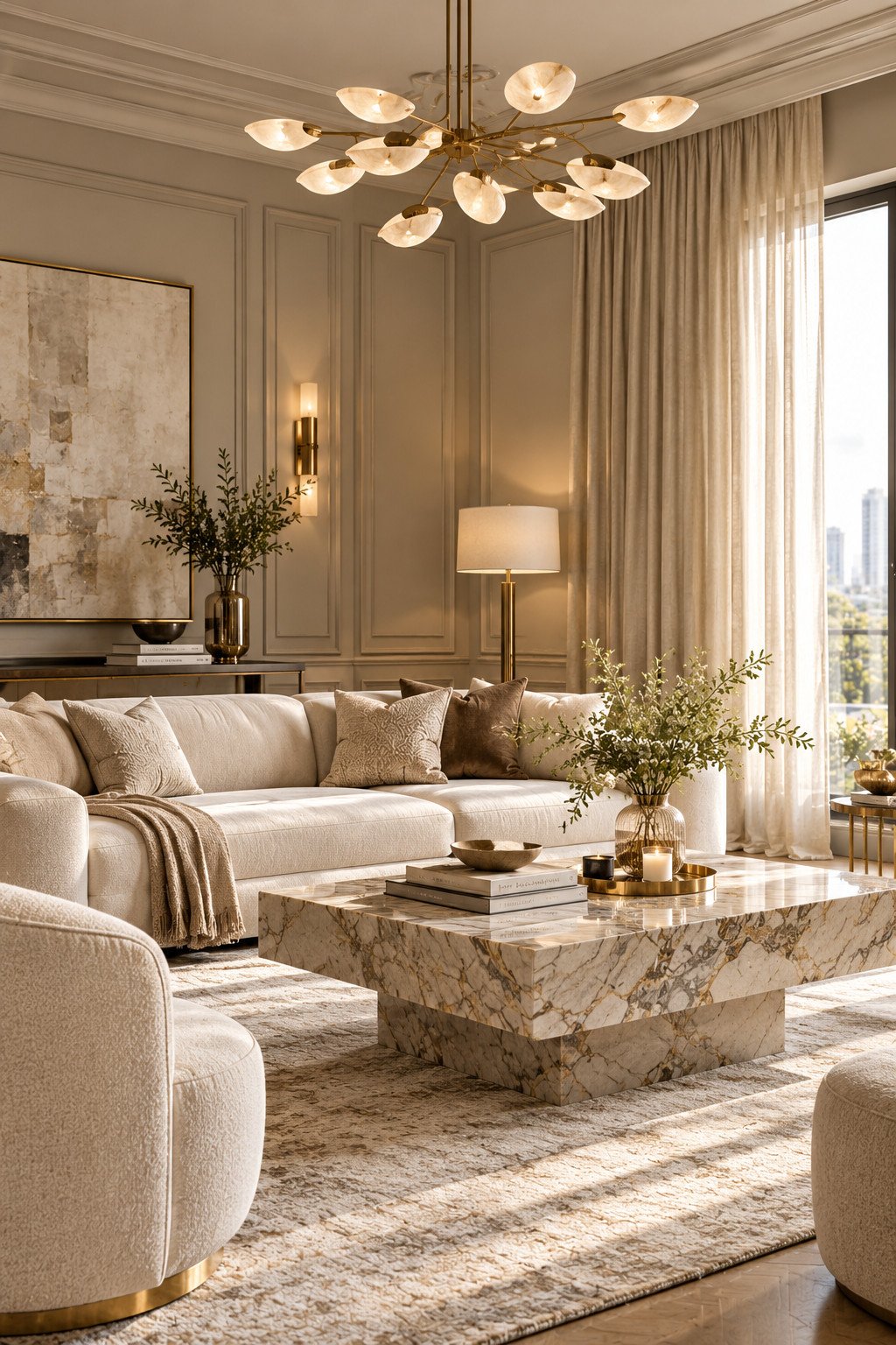 Luxury interior design ideas shown in a high-end living room with paneled walls and a statement chandelier