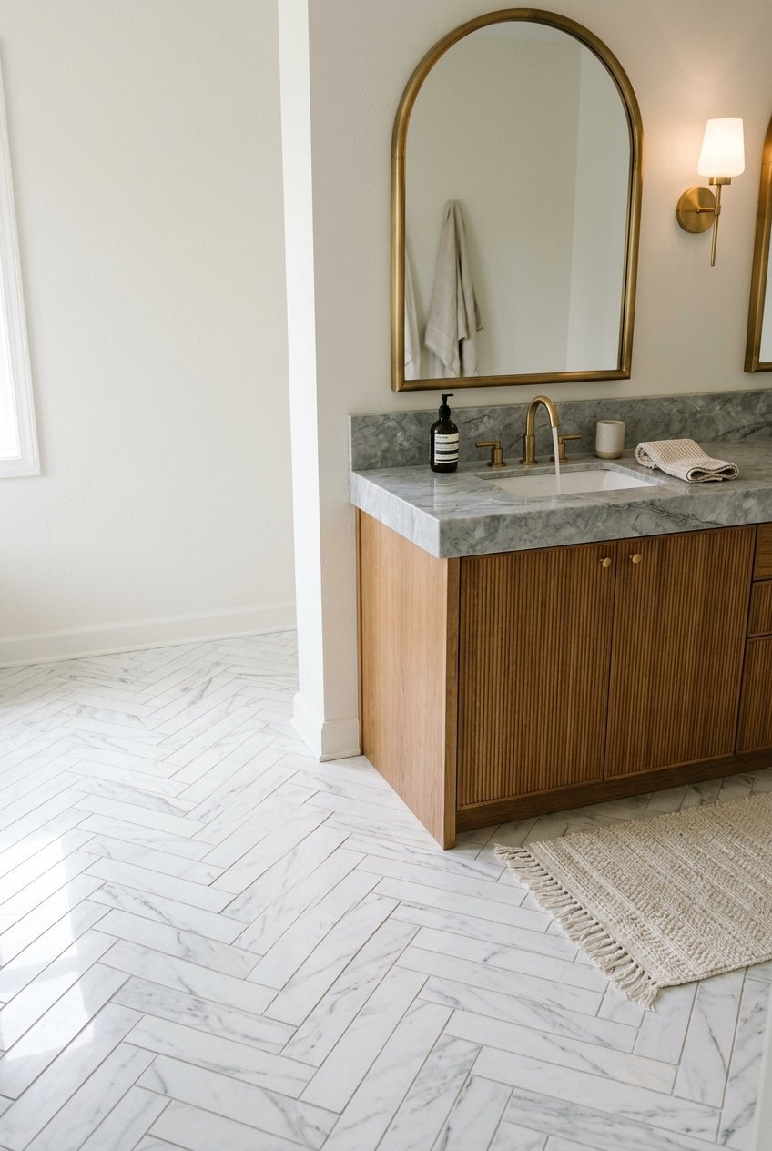 Marble look herringbone tile on a bathroom floor