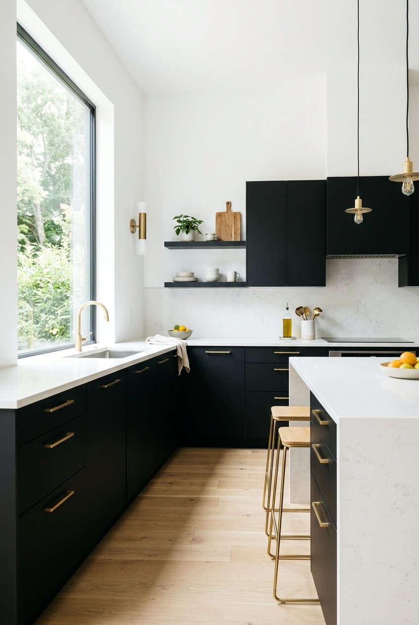 Matte black kitchen cabinets balanced with white walls and a light wood floor