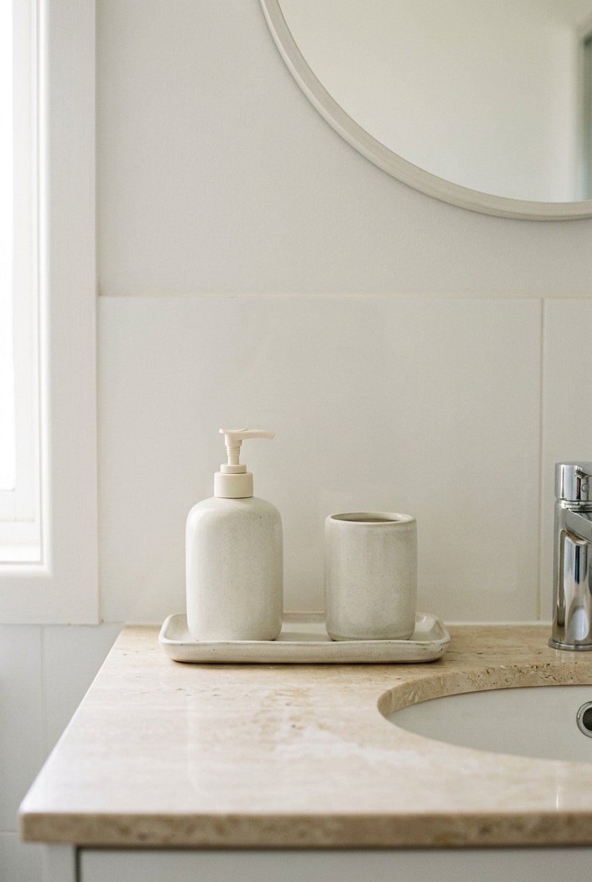 Matching minimal accessories on a clear small bathroom counter