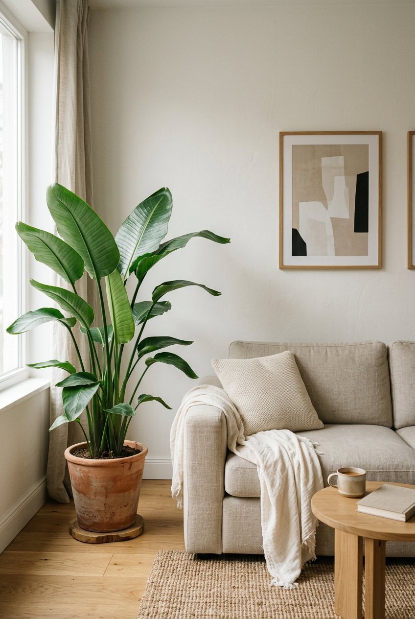 A single large plant styled in a minimalist living room corner