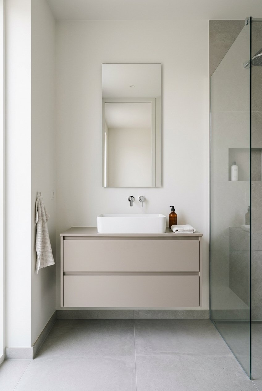 Minimalist slab front bathroom vanity with no visible hardware