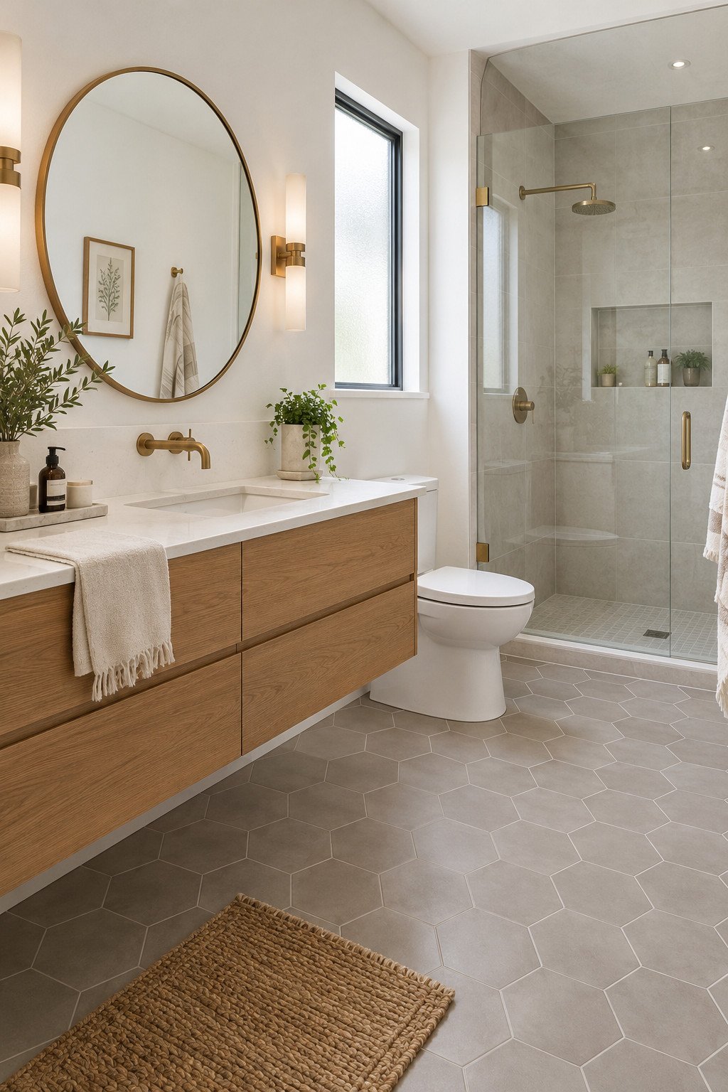 Modern bathroom floor tile ideas shown in a bathroom with matte hexagon floor tile and a floating oak vanity