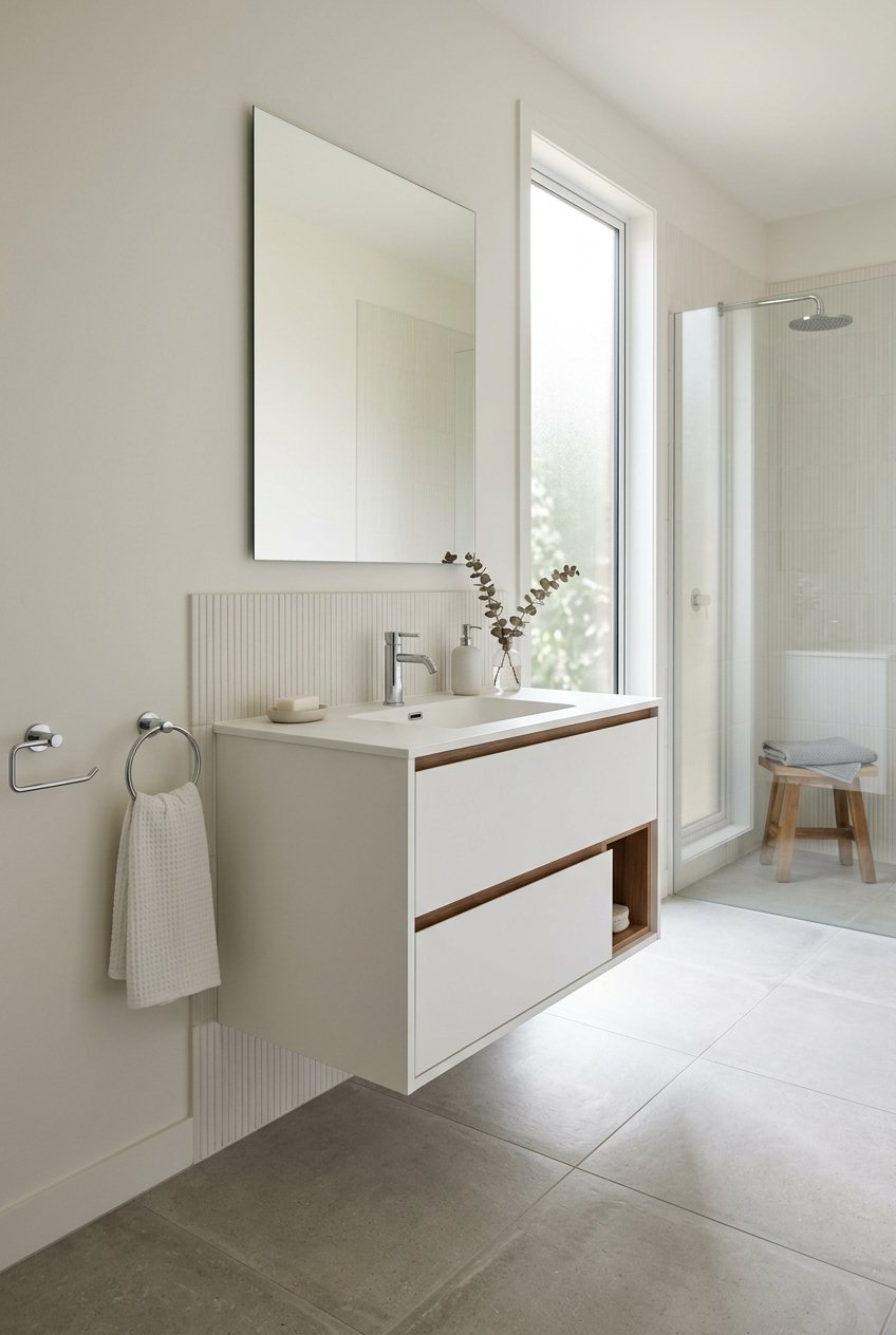 Modern floating bathroom vanity mounted above visible floor space