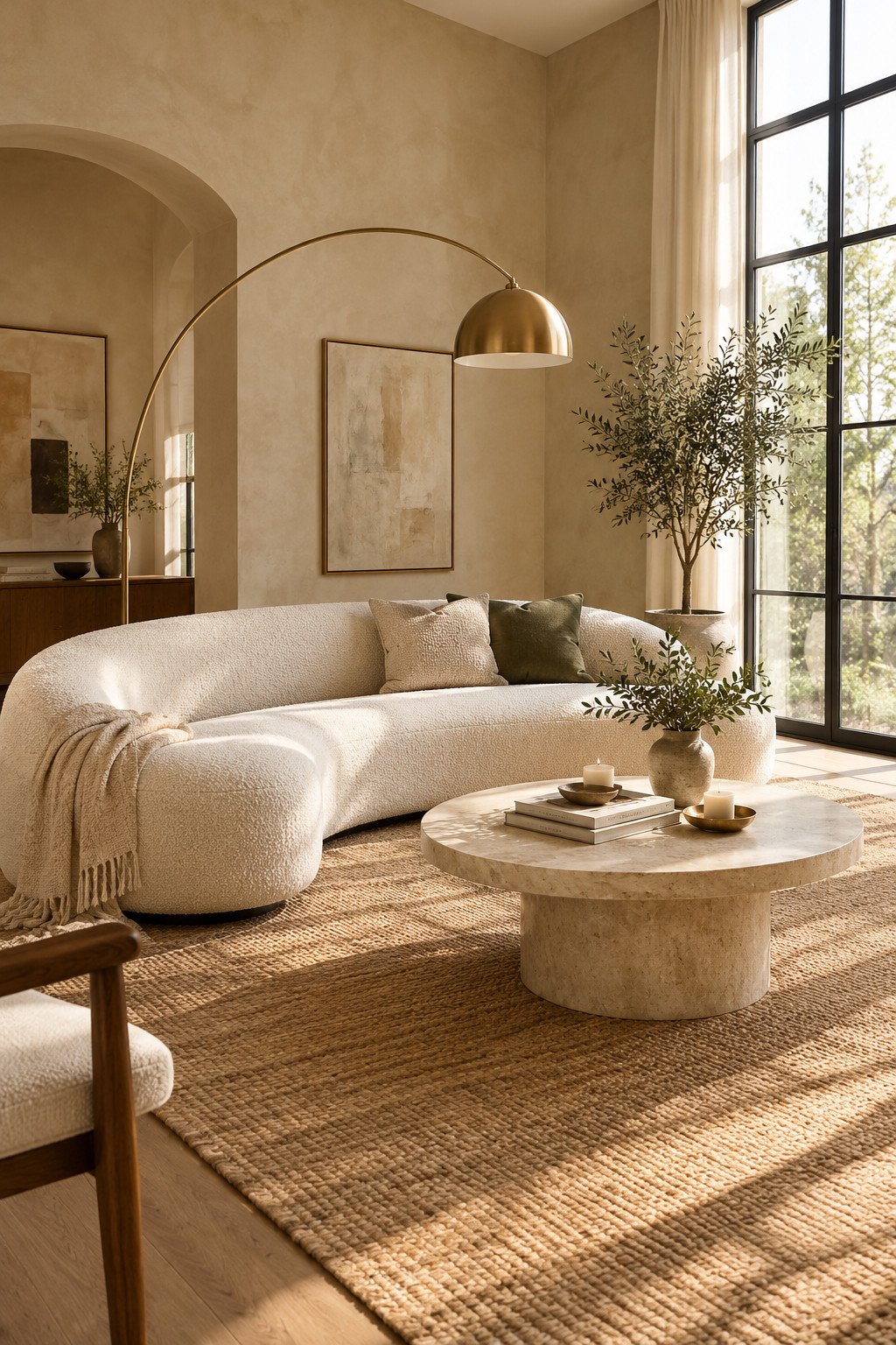 Modern living room decor ideas shown in a living room with a curved boucle sofa, stone coffee table, and arc floor lamp