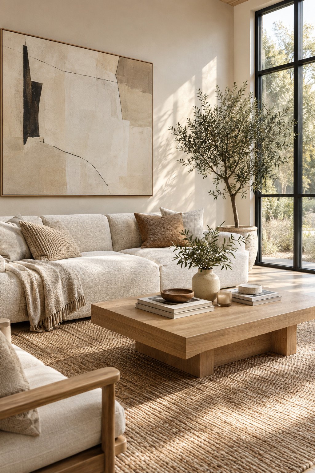 Modern minimalist living room with a low profile neutral sofa and clean lines