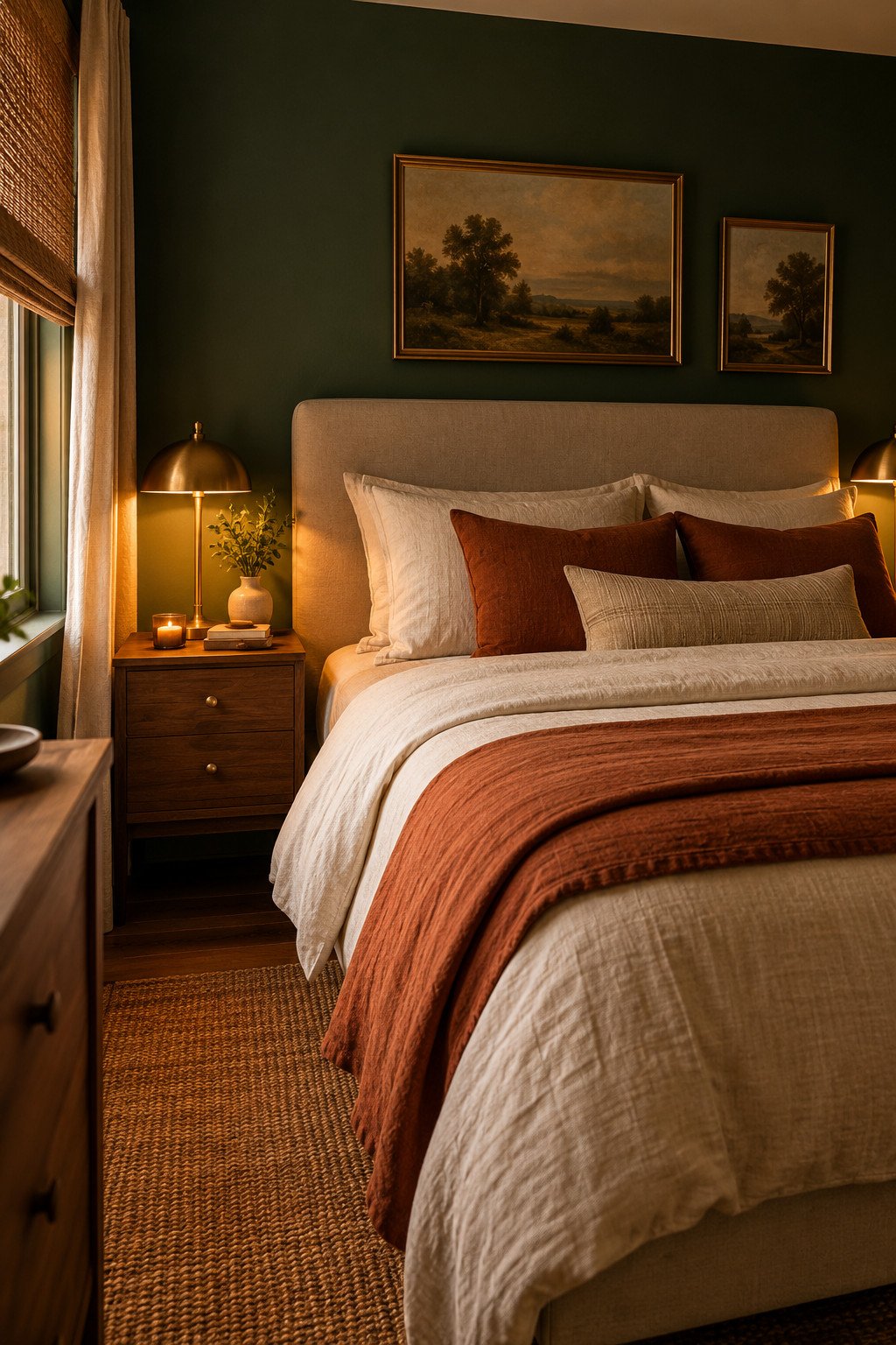 Moody bedroom colors shown in a bedroom with deep green walls, layered linen bedding, and warm lamplight