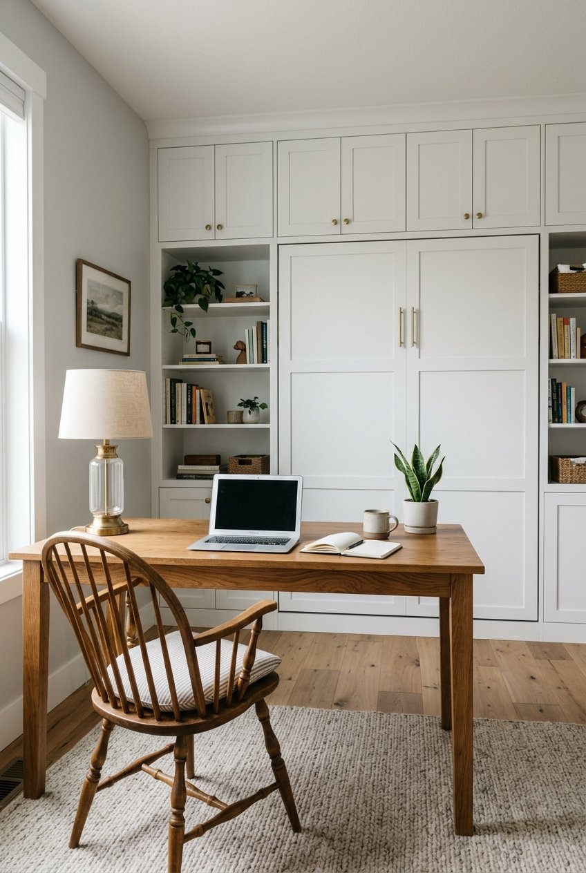 Murphy bed folded into built-in cabinets beside a desk in a home office