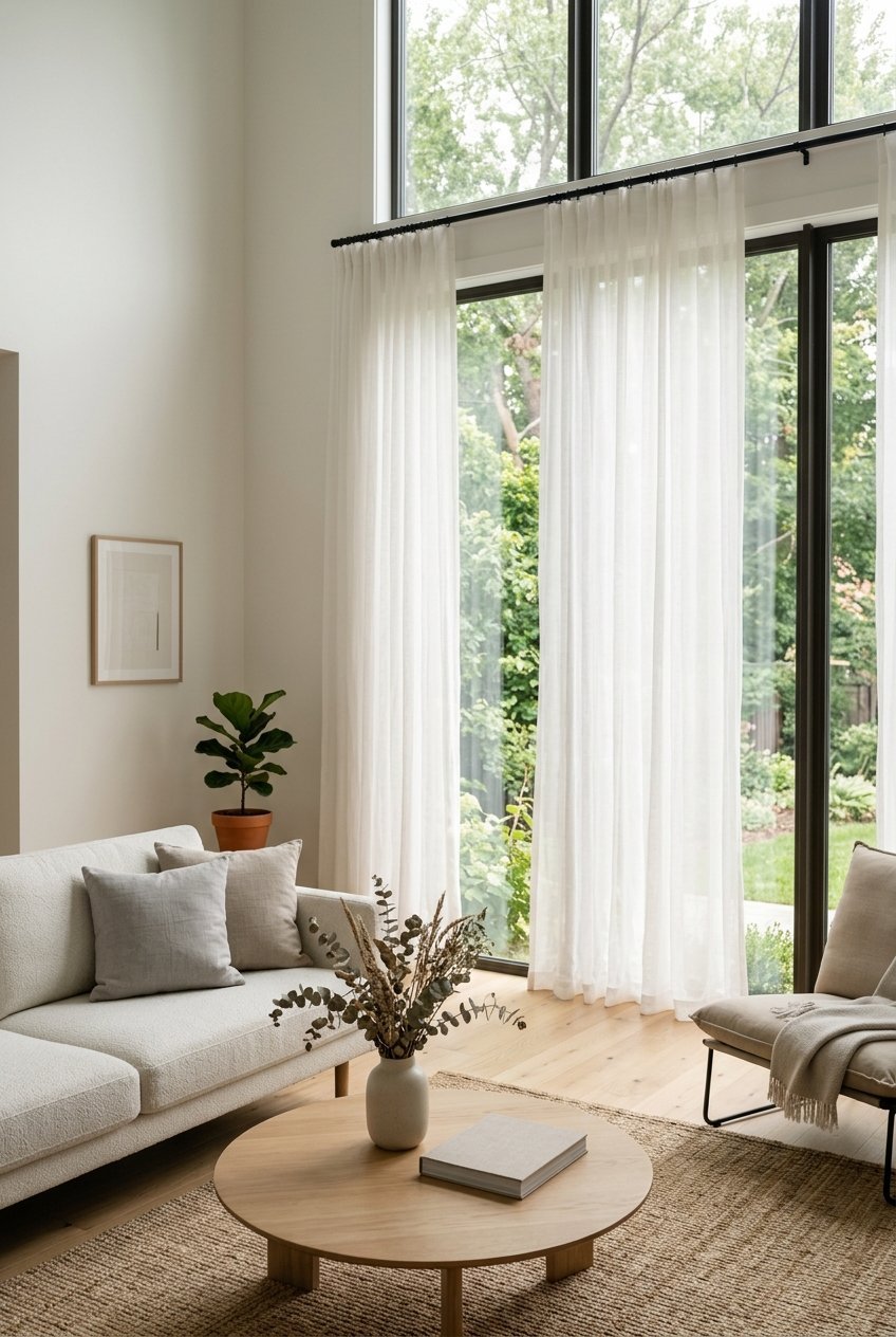 Natural light filling a minimalist living room through sheer curtains