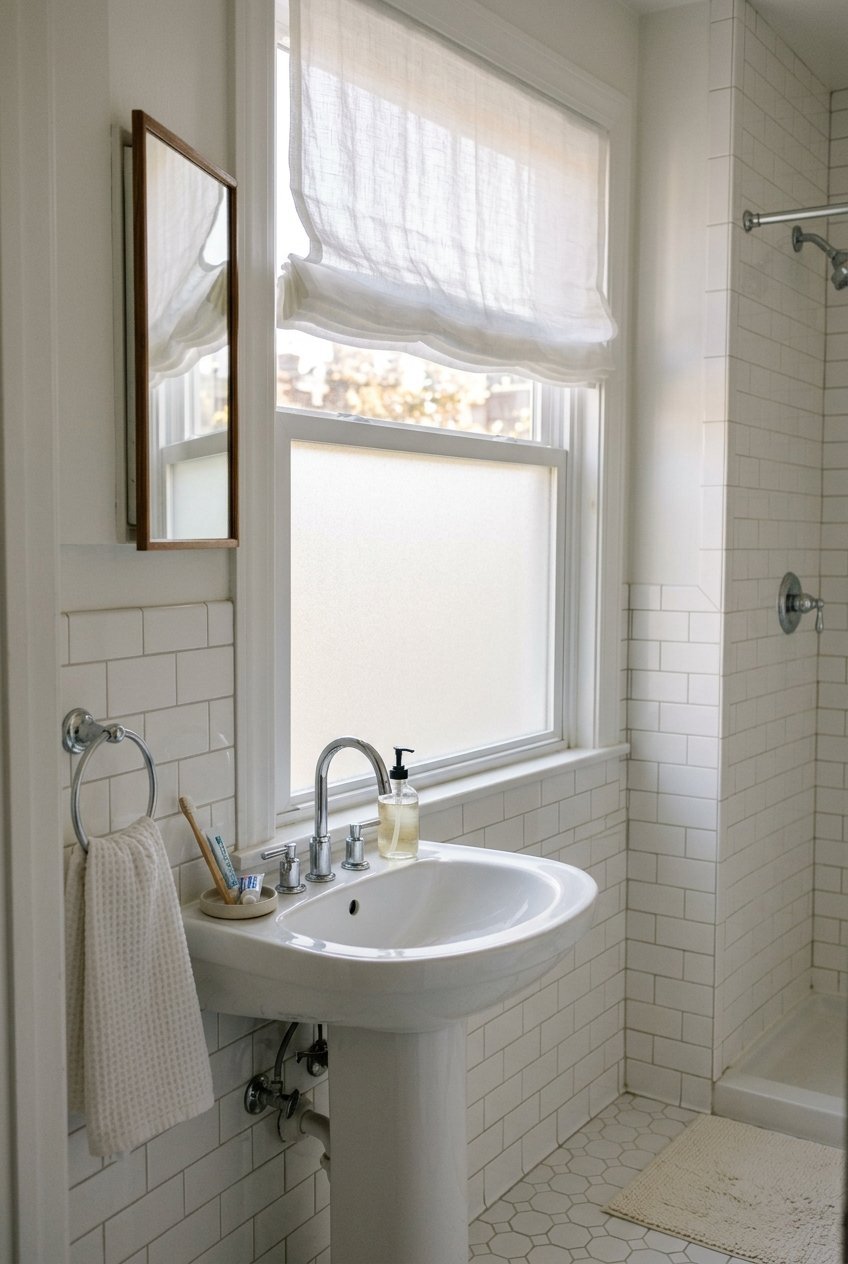 Frosted window film letting natural light into a small bathroom