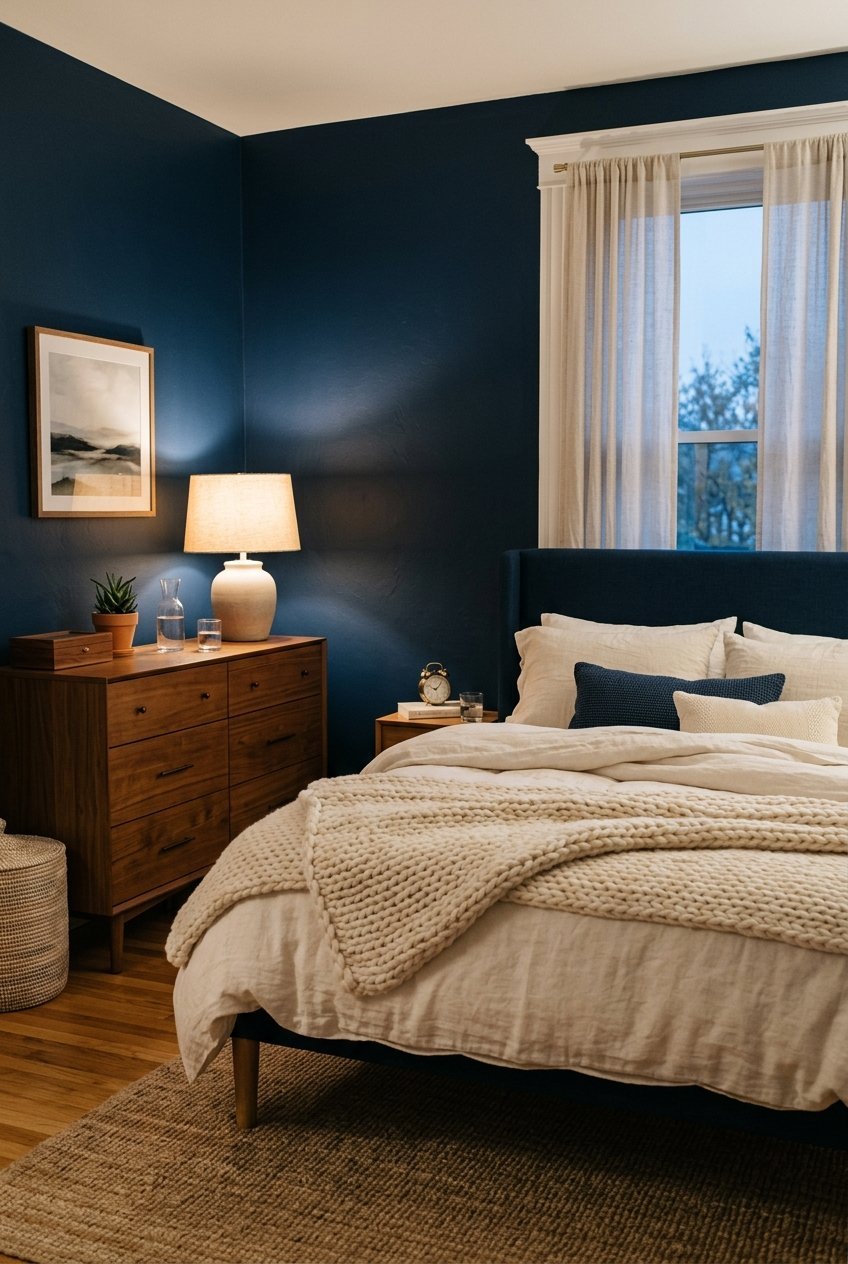 Navy blue bedroom with ivory bedding and a warm wood dresser