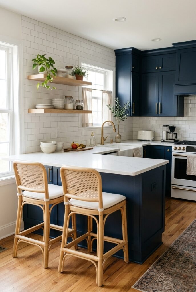 Navy blue kitchen cabinets with white counters and gold hardware