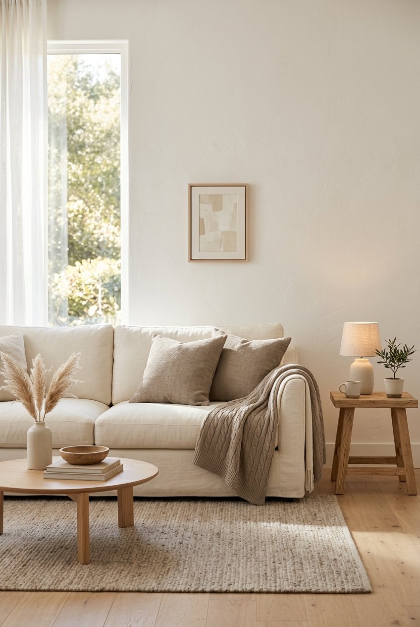 Neutral color palette in a minimalist living room