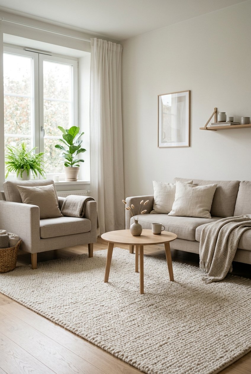 Neutral wool rug in cream and beige tones in a calm living room