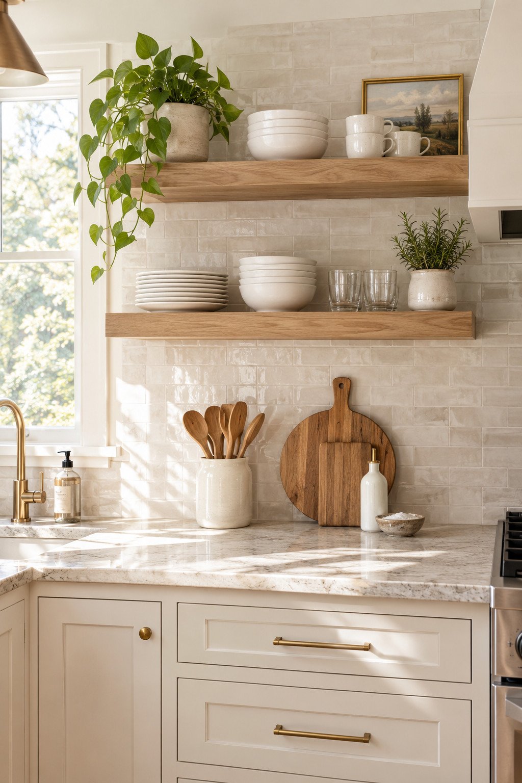 Open shelf kitchen ideas shown with floating wood shelves styled with white dishes above a counter