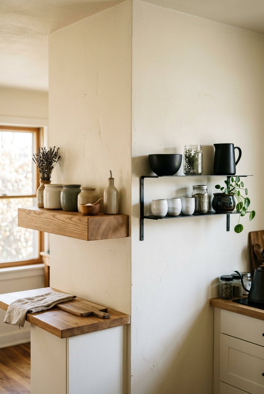 Kitchen shelves in wood, stone, and metal materials compared