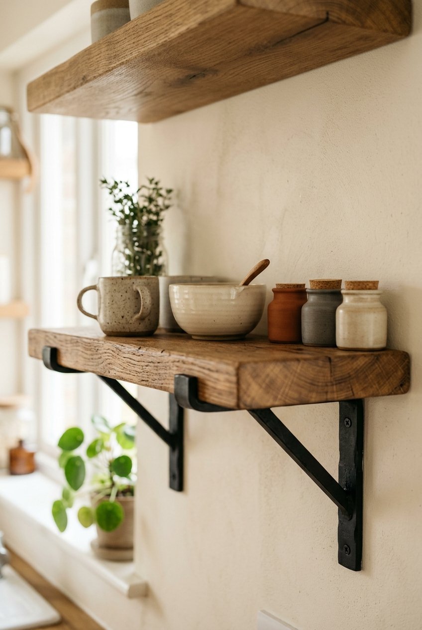 Kitchen shelf with black metal brackets as a design detail