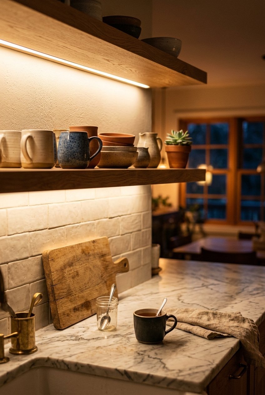 Warm LED lighting under open kitchen shelves glowing over the counter