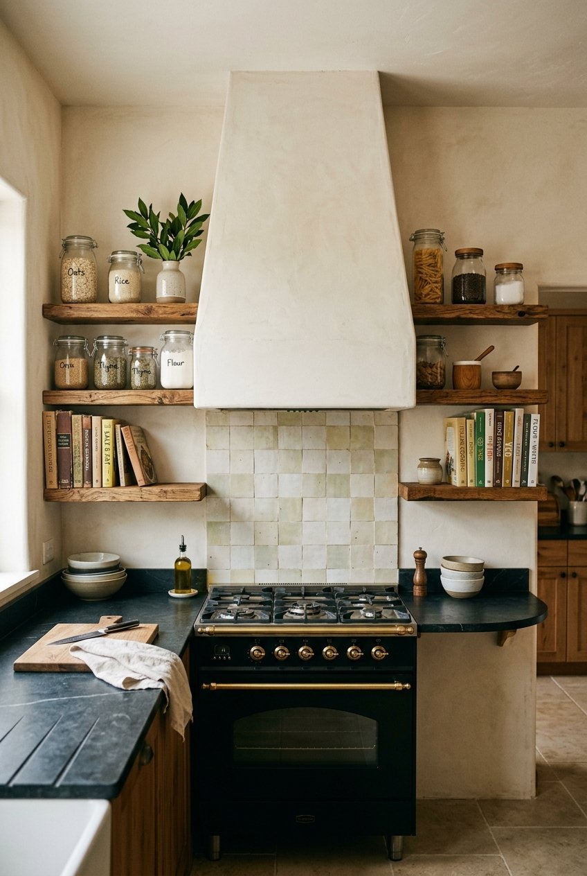 Open shelves on either side of a range hood in a kitchen