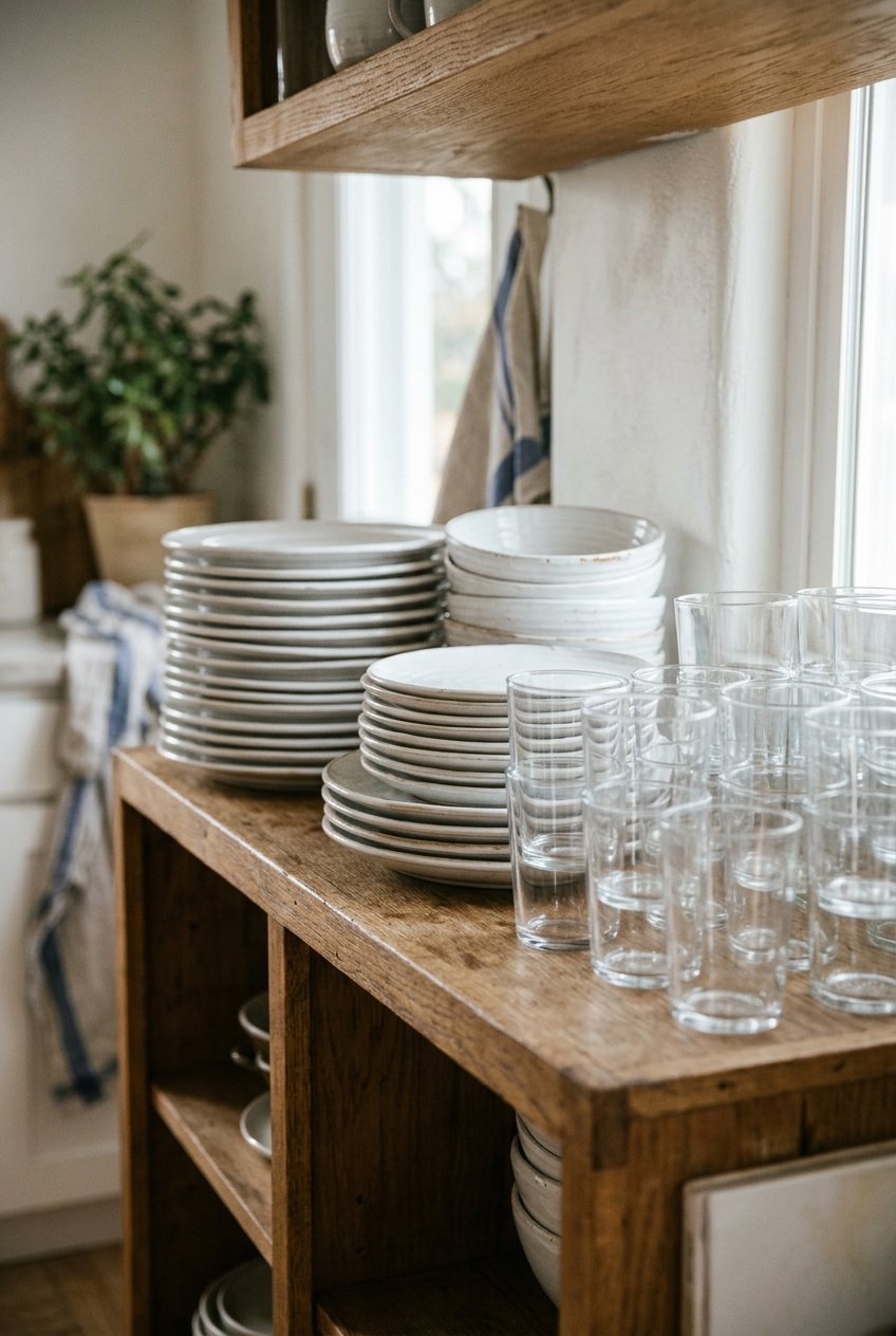 Open kitchen shelf styled with matching white everyday dishes and glasses
