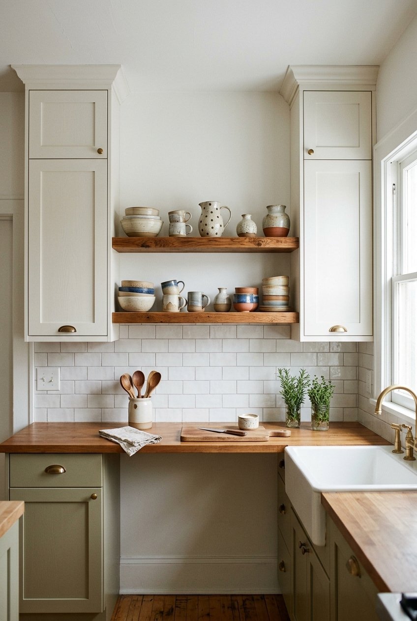 Open shelf kitchen with a single shelf between closed upper cabinets