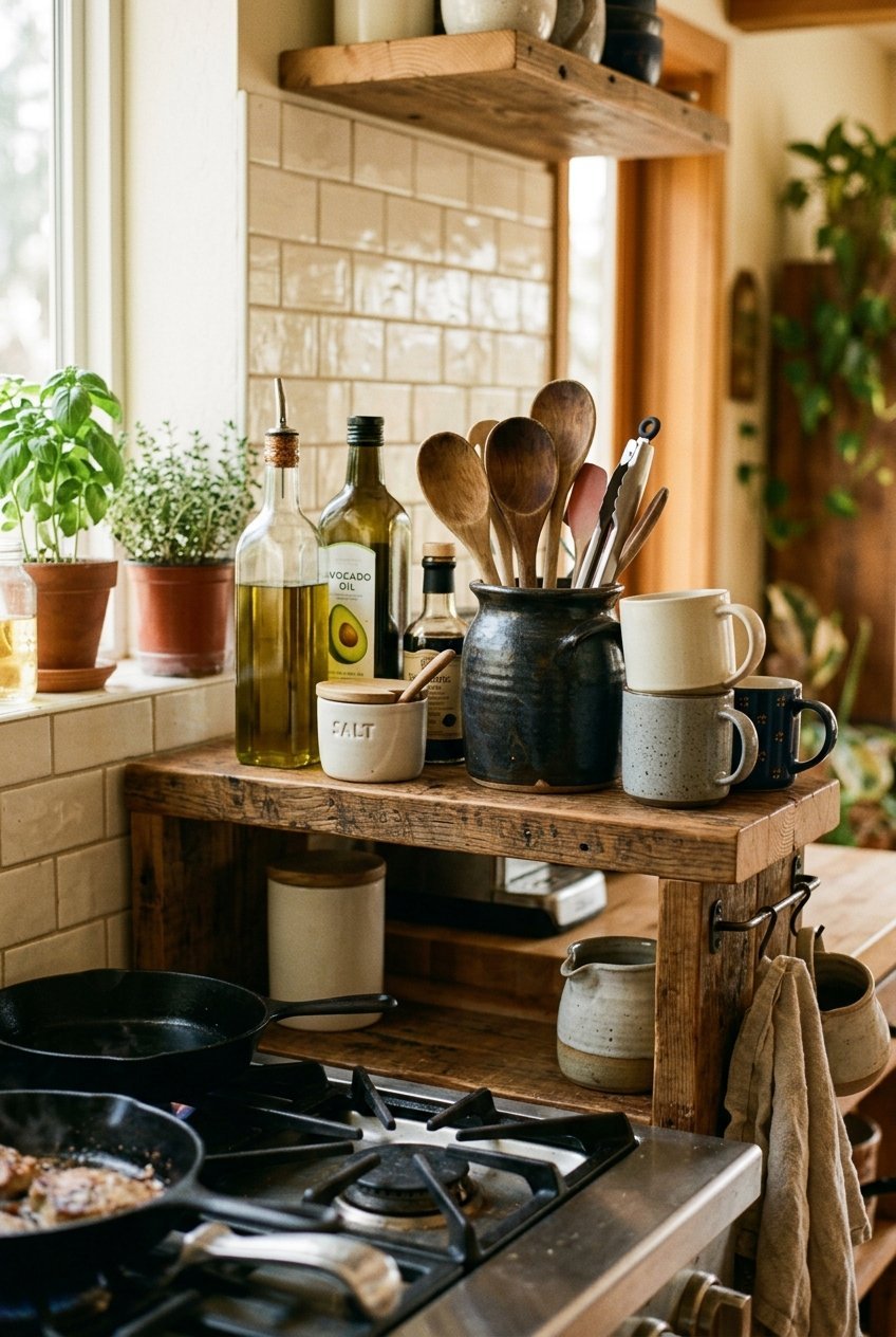 Practical open kitchen shelf with everyday items within easy reach