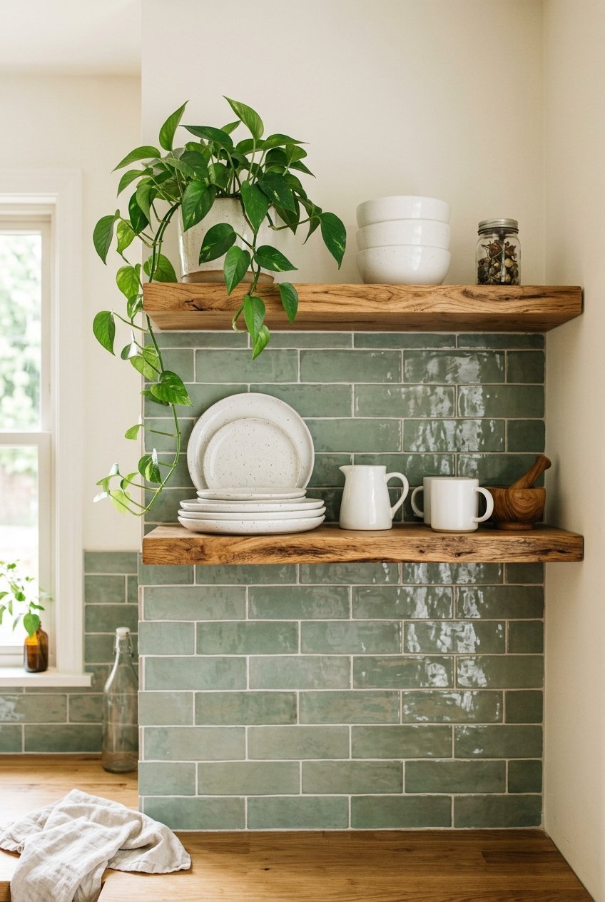 Open kitchen shelves in front of a handmade green tile backsplash