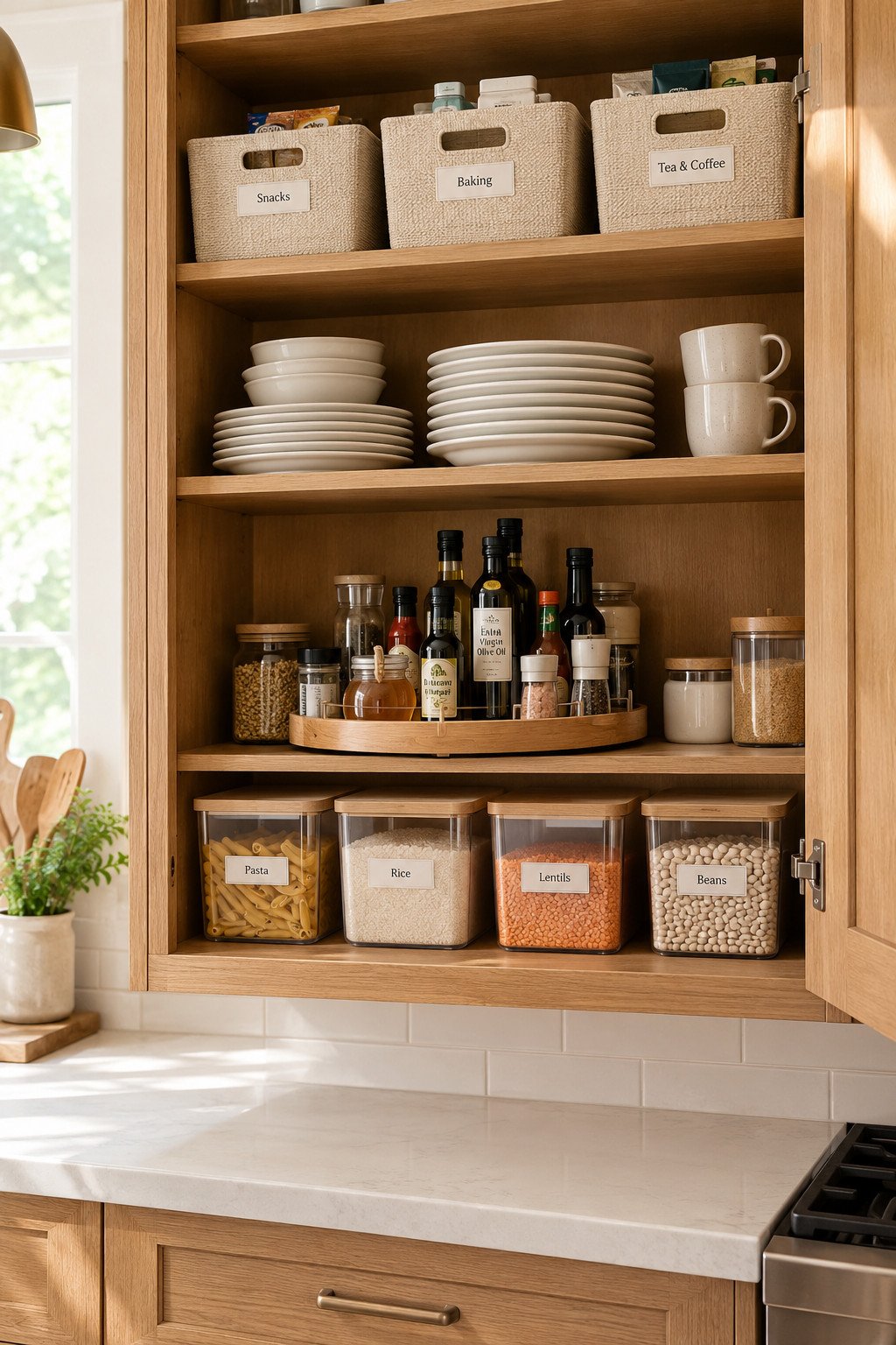 Organized kitchen cabinets with labeled bins and neatly arranged pantry items