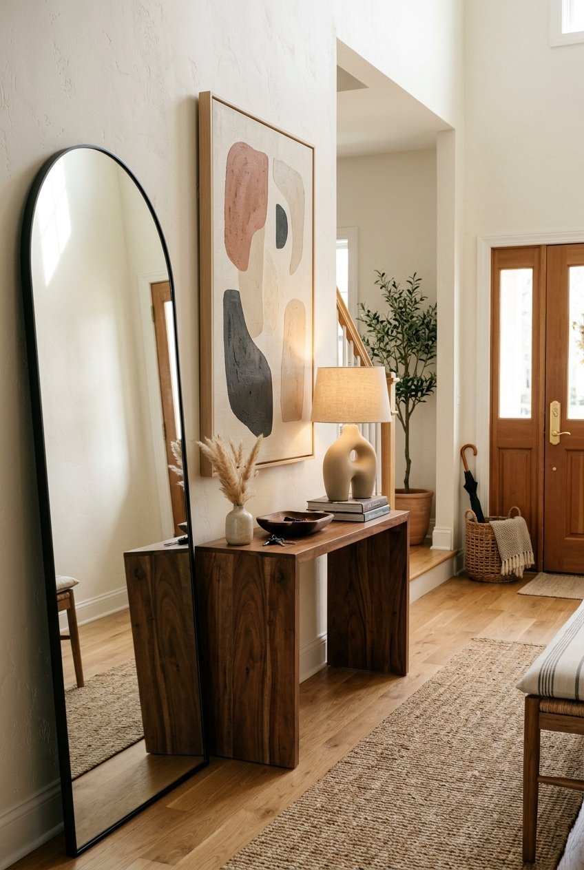 Oversized arched mirror and large art above a console in a luxury entryway