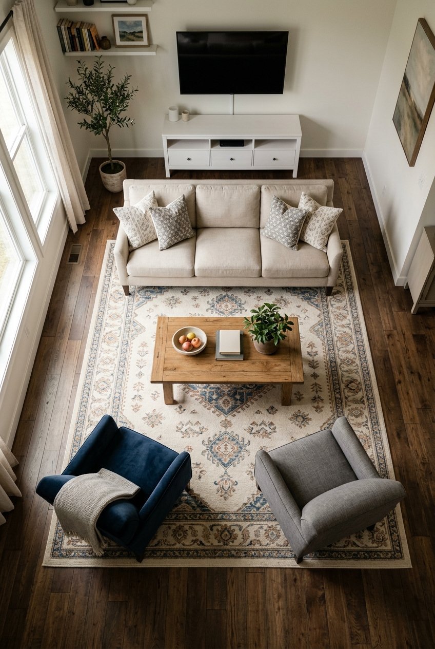 Oversized rug sized correctly under all the front legs of living room furniture